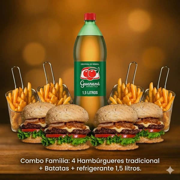 COMBO 4 HAMBÚRGUERES + 4 BATATAS E REFRI 2 LITROS